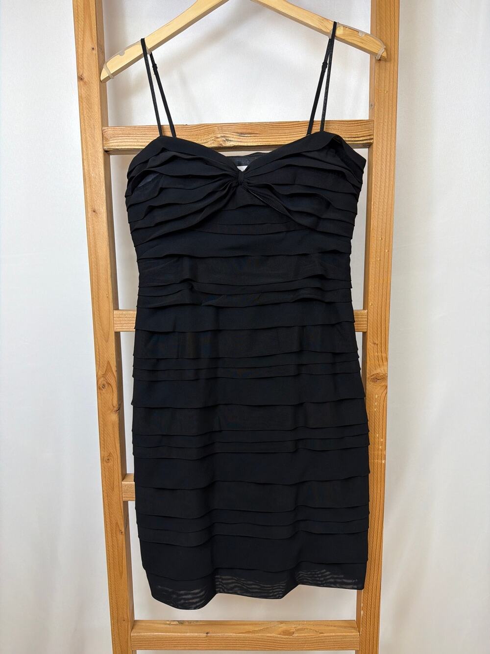 Calvin Klein Black Silk Blend Ruffled Sleeveless Midi Dress Side Zip Sz 8 Y2K